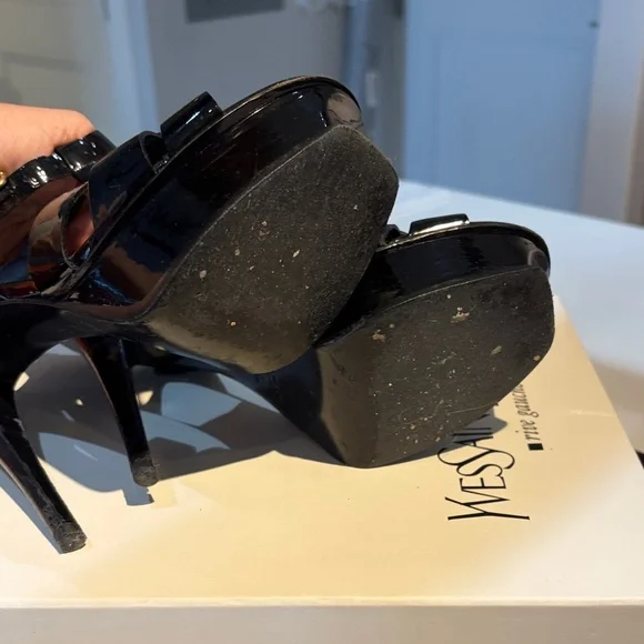 Saint Laurent Tribute Black Patent Leather Braided T-Strap Platform Heels 7 - Picture 4 of 4